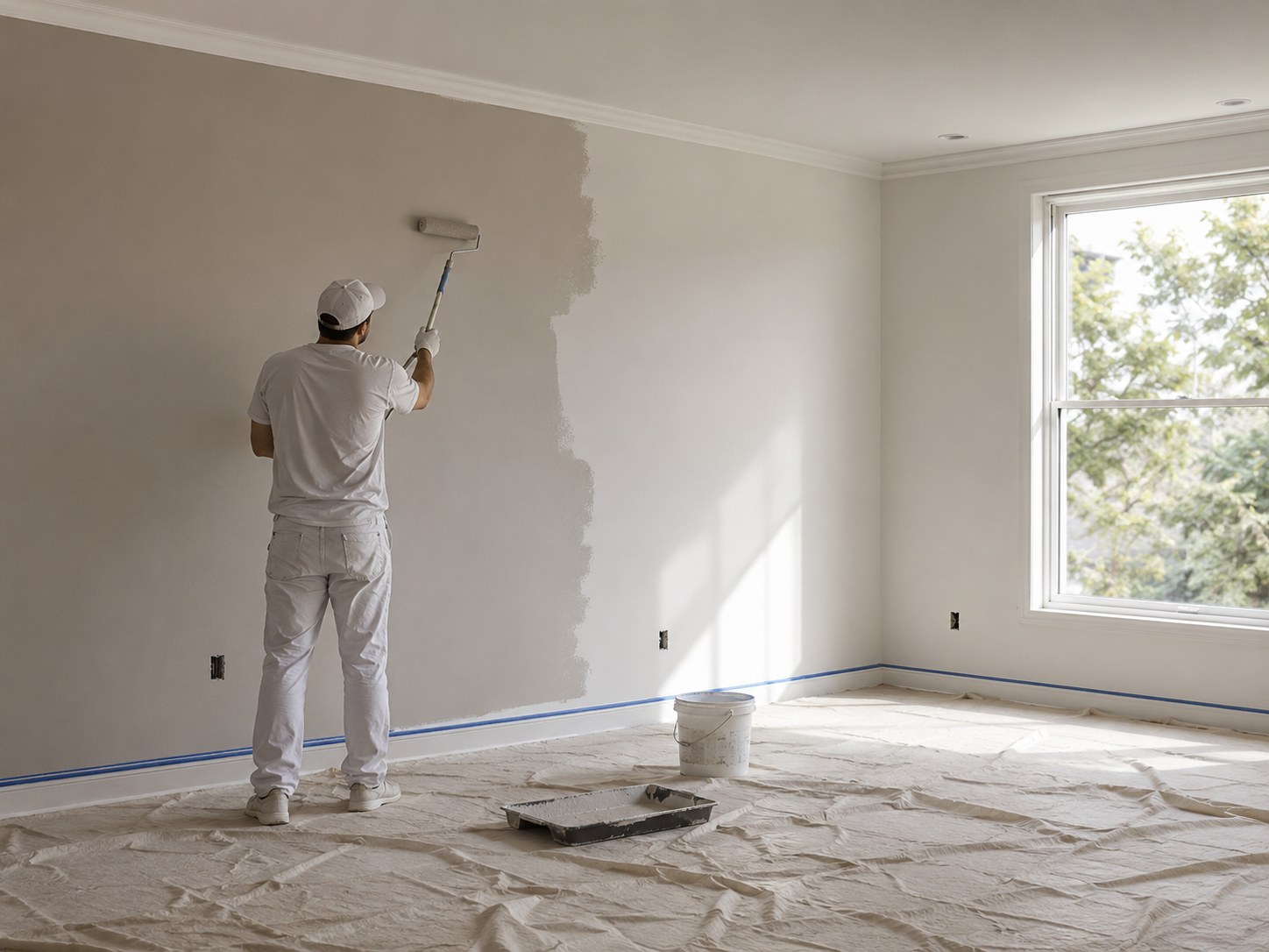 Pintor profissional aplicando acabamento em parede de ambiente residencial